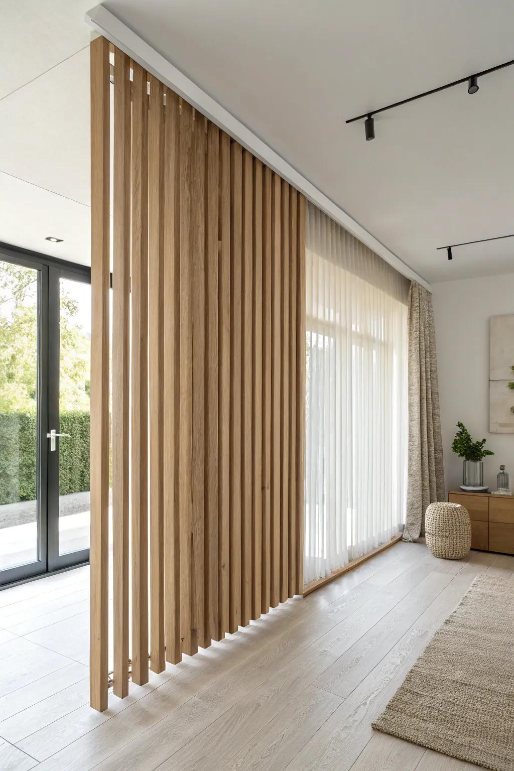 Floor-to-ceiling oak slats that divide the room while keeping the light soft and airy.