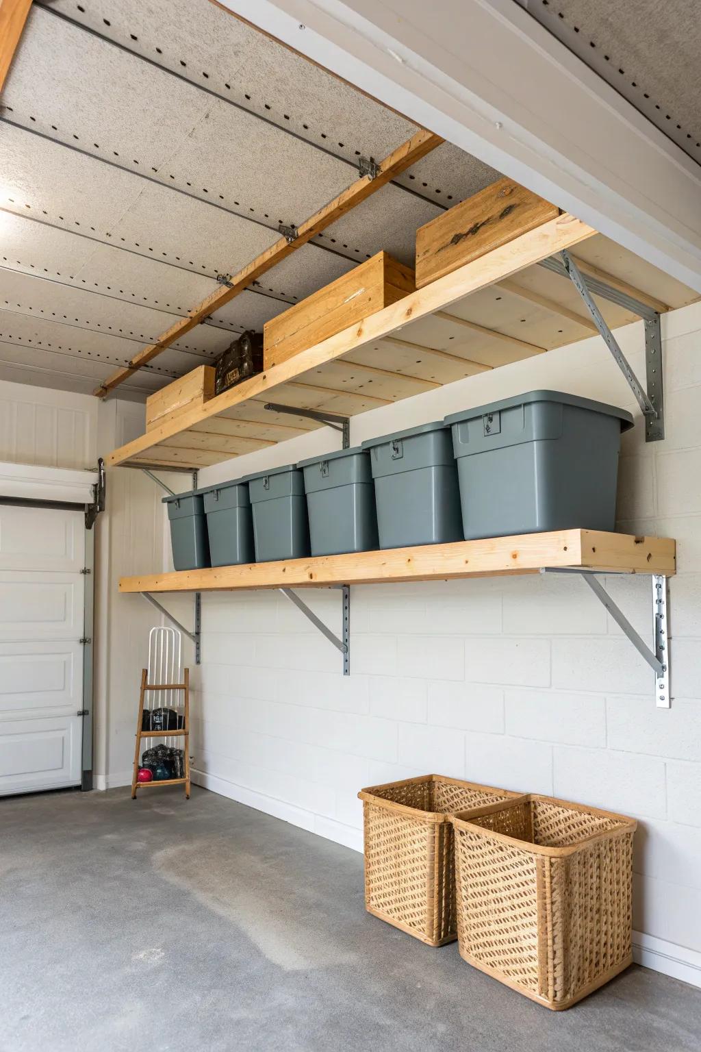 Chunky 2x ceiling shelf with plywood deck keeps garage totes flat, tidy, and off the floor.