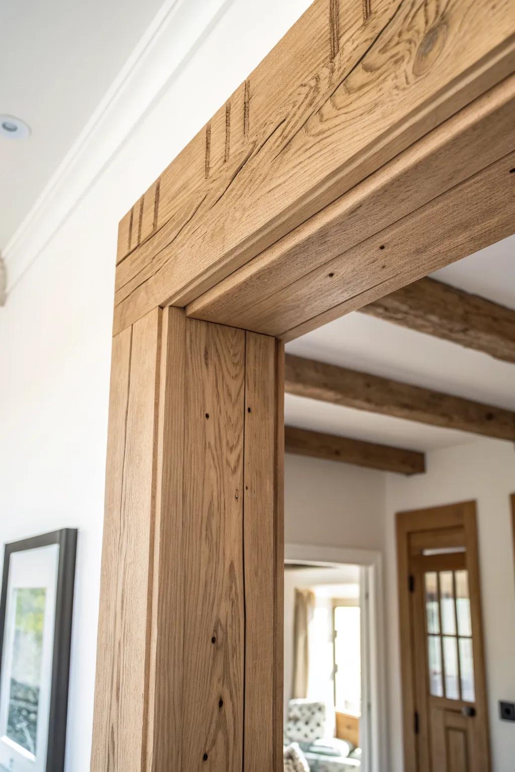 Chunky wood header beam for a classic cased opening—makes any ceiling transition feel intentional.