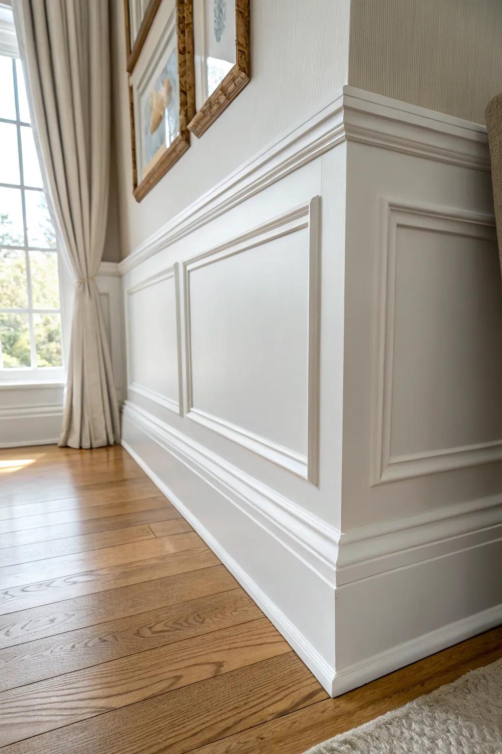 Crisp white chair rail molding for a timeless, polished look with minimal effort.