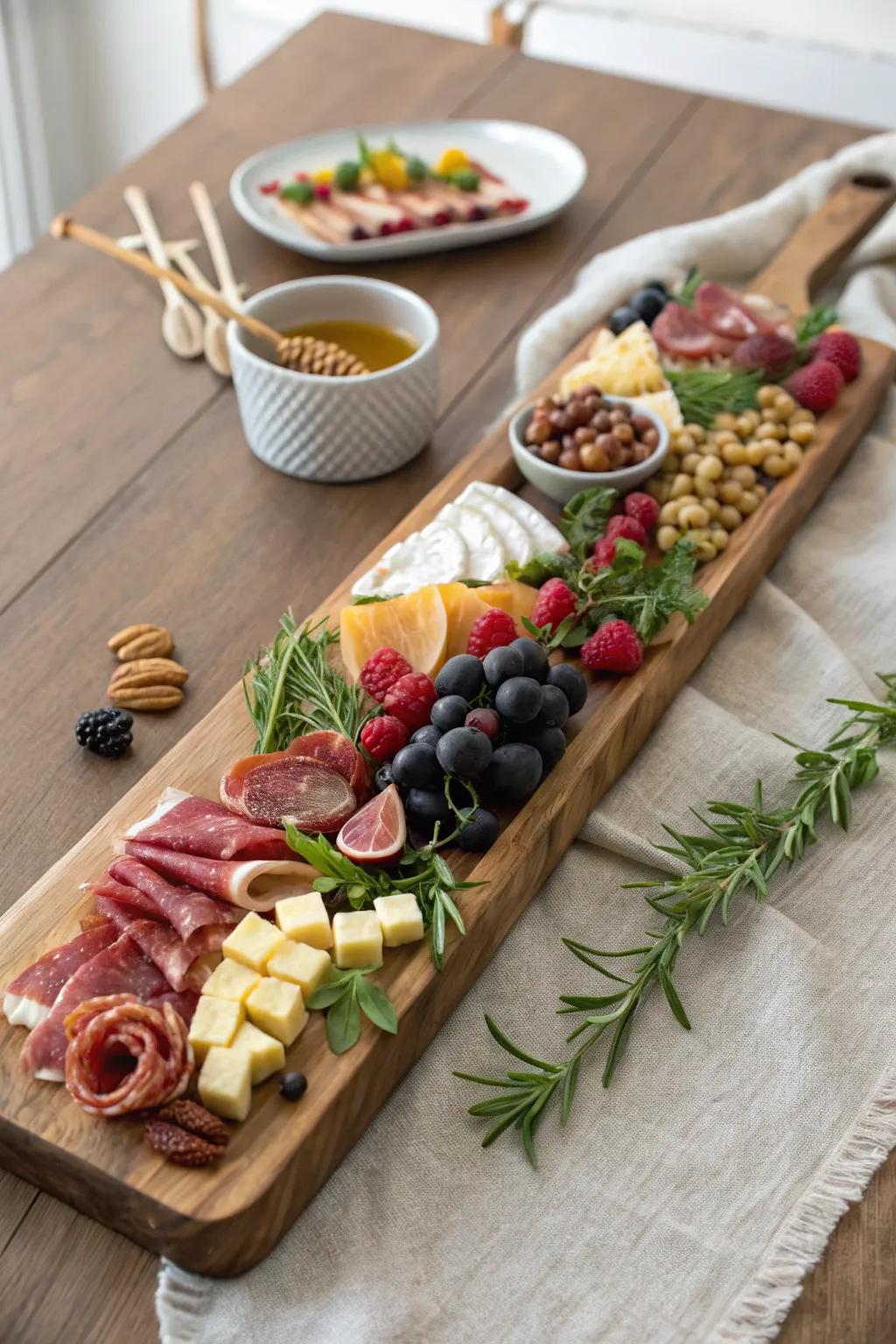 A classic grazing runner: one continuous, abundant charcuterie “river” down the table.