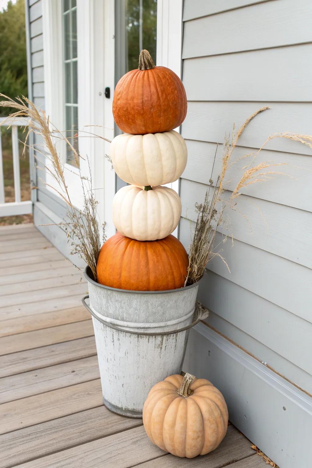 Stacked pumpkins + a hidden bucket trick for cheap, cozy porch fall decor with minimal effort.