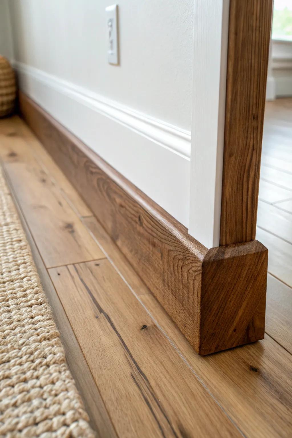 Warm-stained 1x4 pine baseboard: budget-friendly rustic charm with beautiful natural grain.