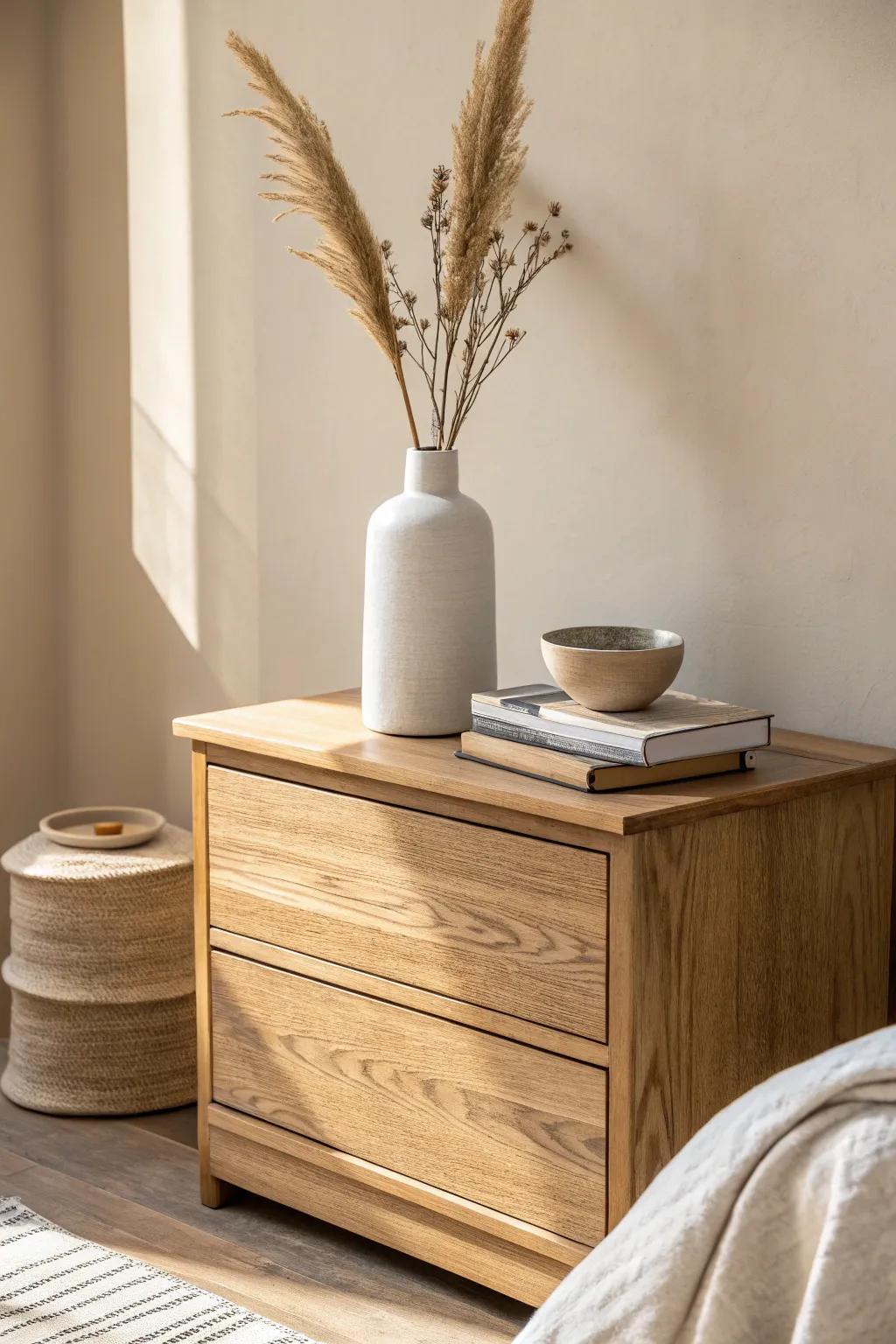The classic rule of three: tall vase, stacked books, and a small bowl for instant balance.