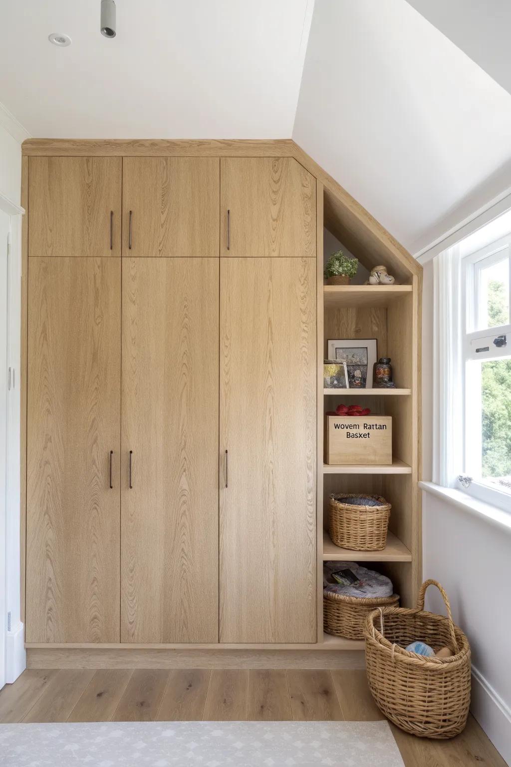 A calm floor-to-ceiling oak wardrobe wall that hides seasonal bins and keeps daily items within reach.