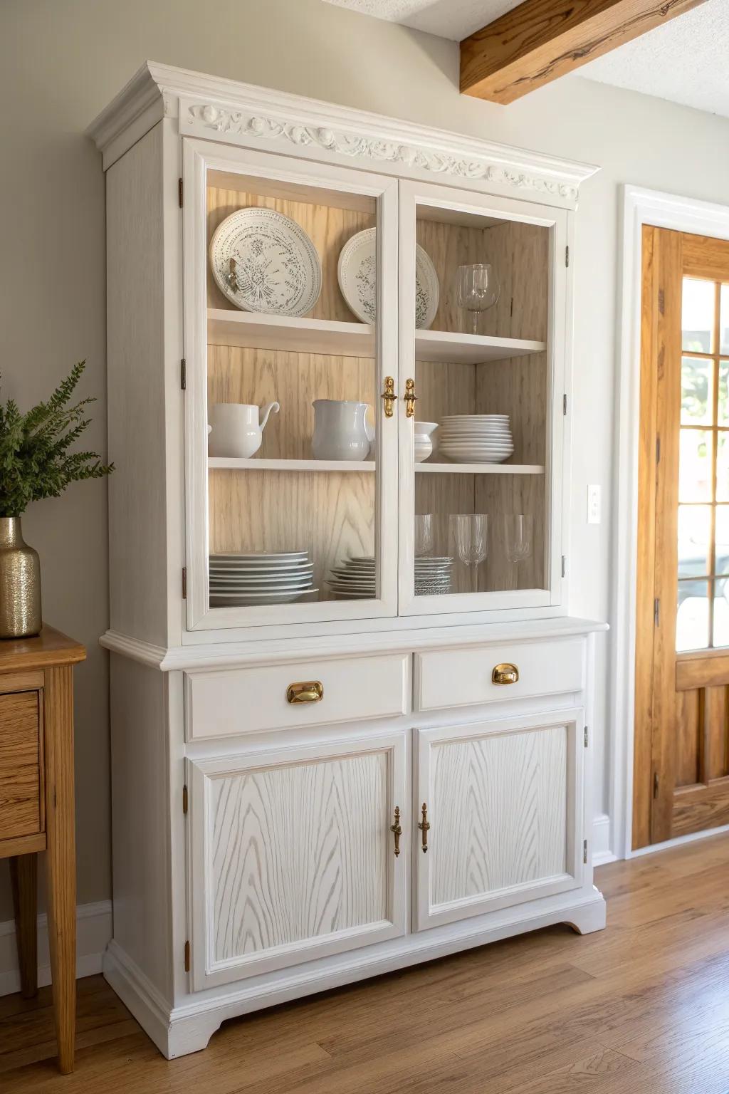 A classic matte-white hutch refresh that brightens the room and makes every dish shine.