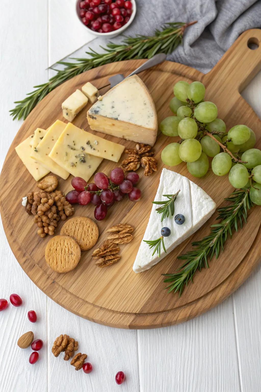 A classic Christmas cheese board—simple cheeses, seasonal fruit, nuts, and rosemary.