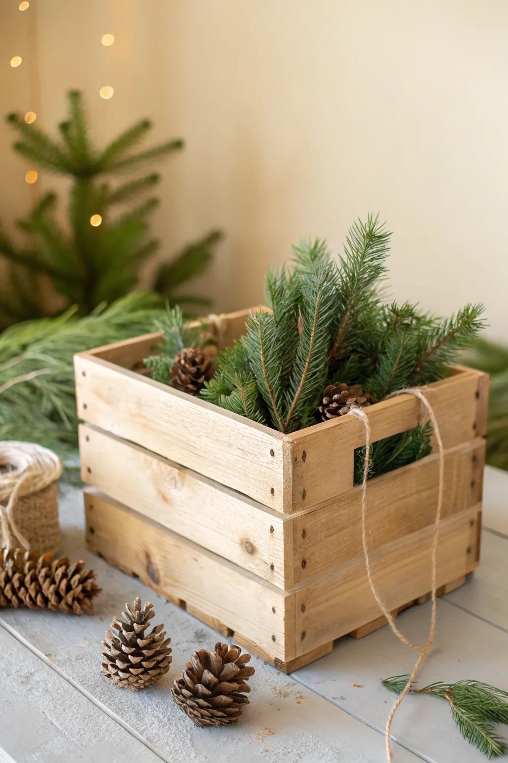 Classic crate décor: overflowing evergreens and pinecones for an effortless cozy Christmas vibe.