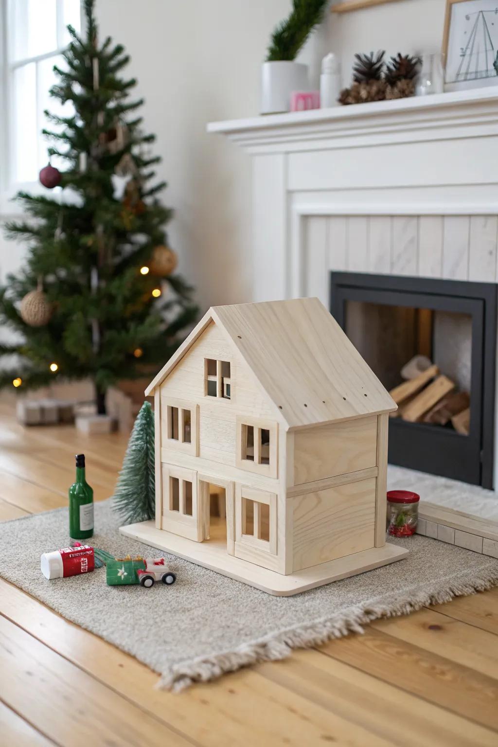 Christmas morning in miniature: a cozy dollhouse living room with tree, hearth, and gifts.
