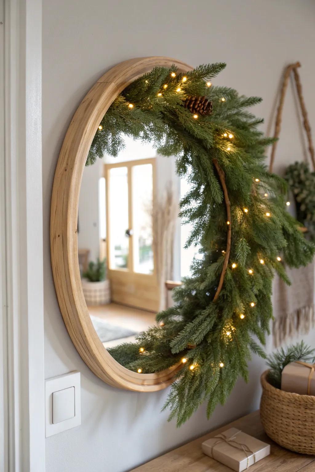 A glowing wreath over an oak mirror makes your entry feel bigger—simple, cozy, and chic.