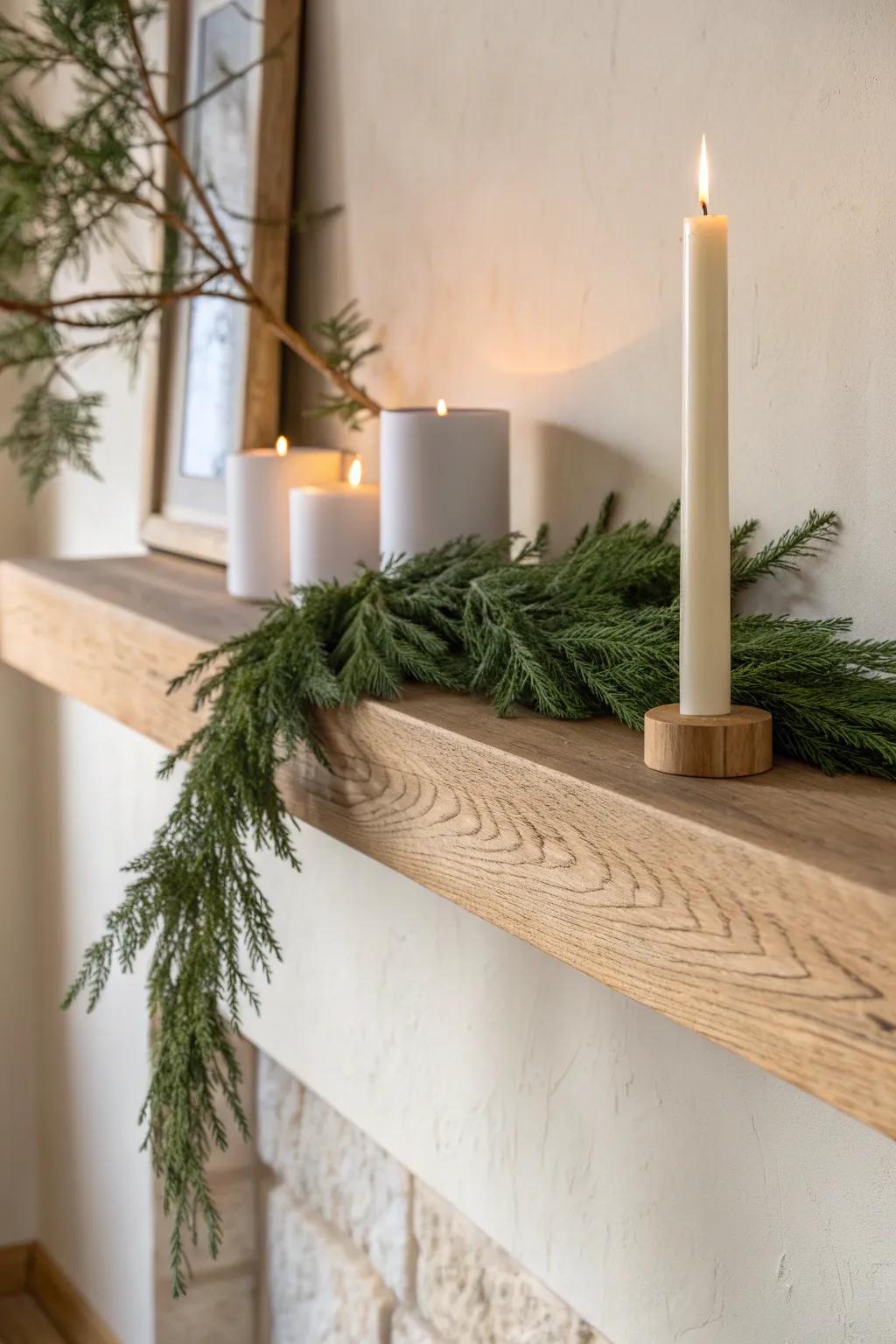 Evergreen garland + warm candlelight for a simple, cozy Christmas shelf with Scandinavian calm.