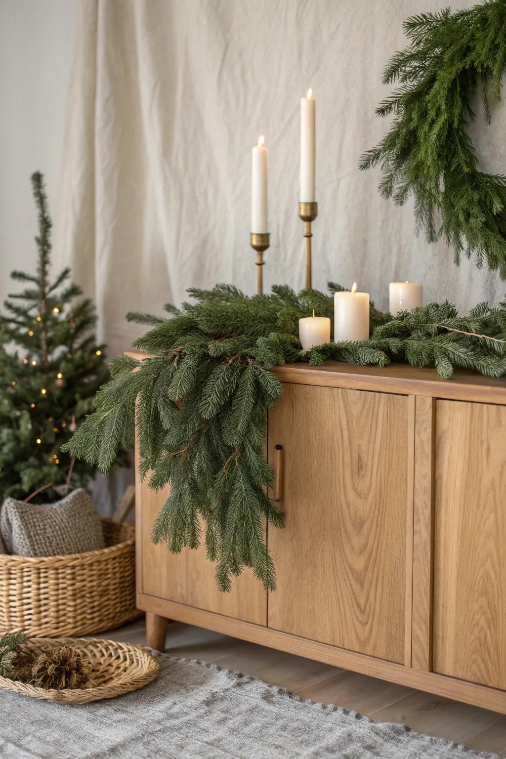 Evergreen garland and candlelight on warm wood—minimal, cozy Christmas sideboard styling.