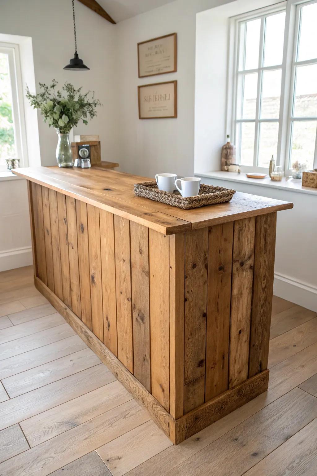 Reclaimed wood coffee counter: cozy, church-friendly, and sealed for quick cleanups.