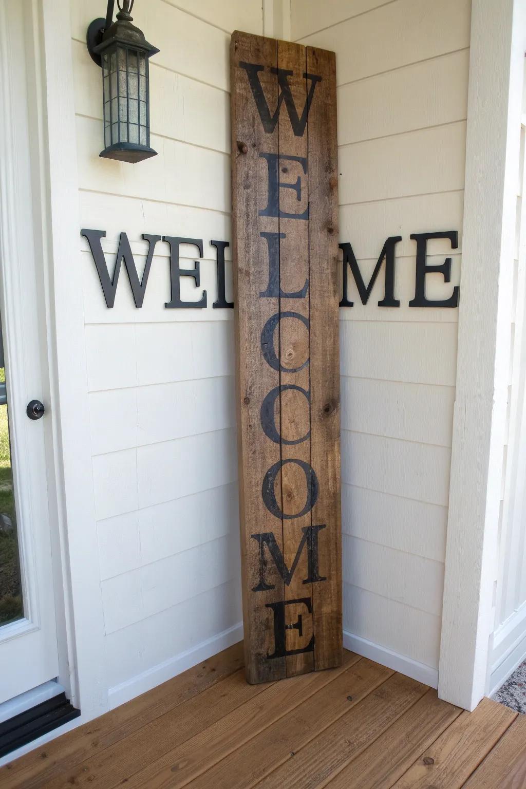Oversized reclaimed-wood WELCOME sign with bold black lettering—warm, calm entryway charm.
