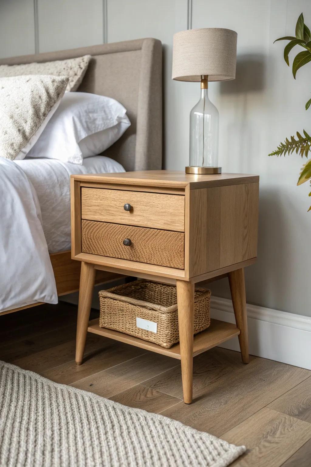 Centered oak nightstand styling—an effortless symmetry trick for a calm, classic bedroom.