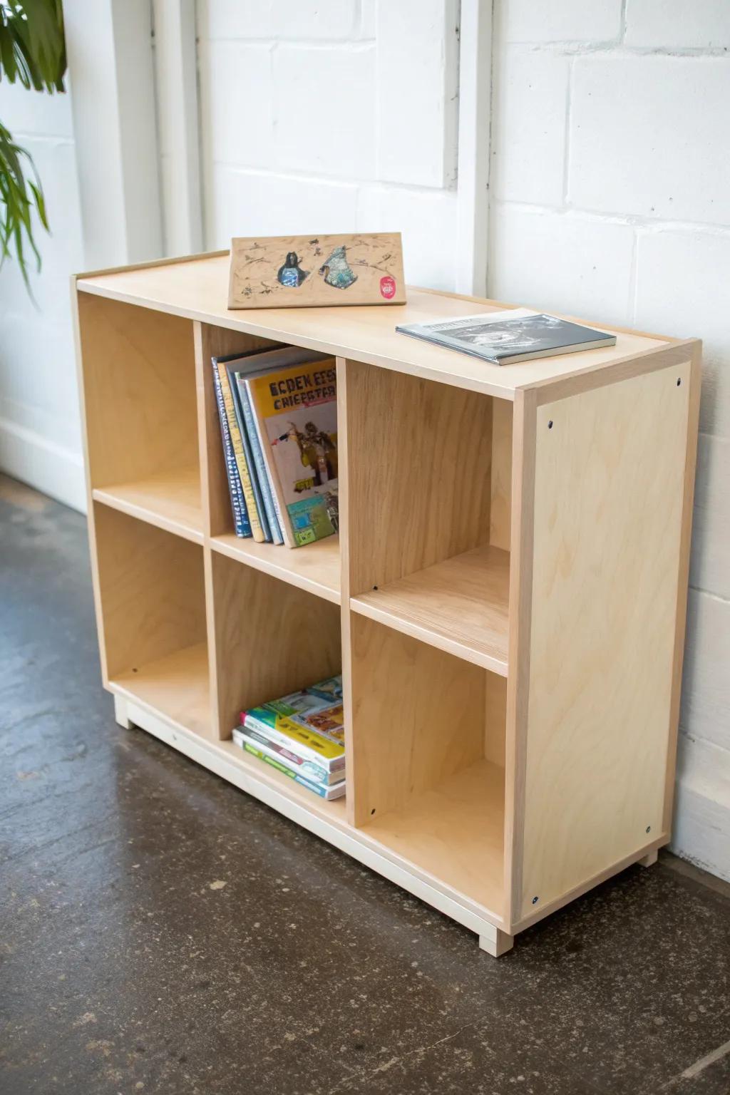 Low plywood cubbies with book bins: sturdy, kid-height storage in warm minimalist Scandinavian style.