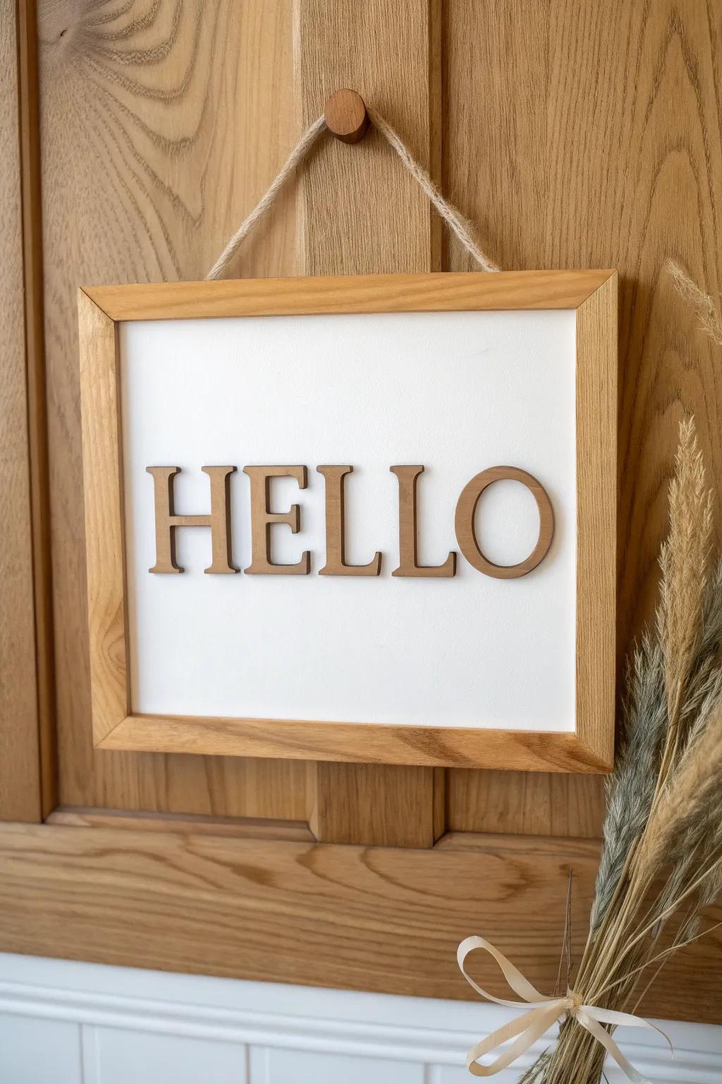 Big bold “HELLO” with a sleek oak border—simple, warm, and perfectly welcoming.