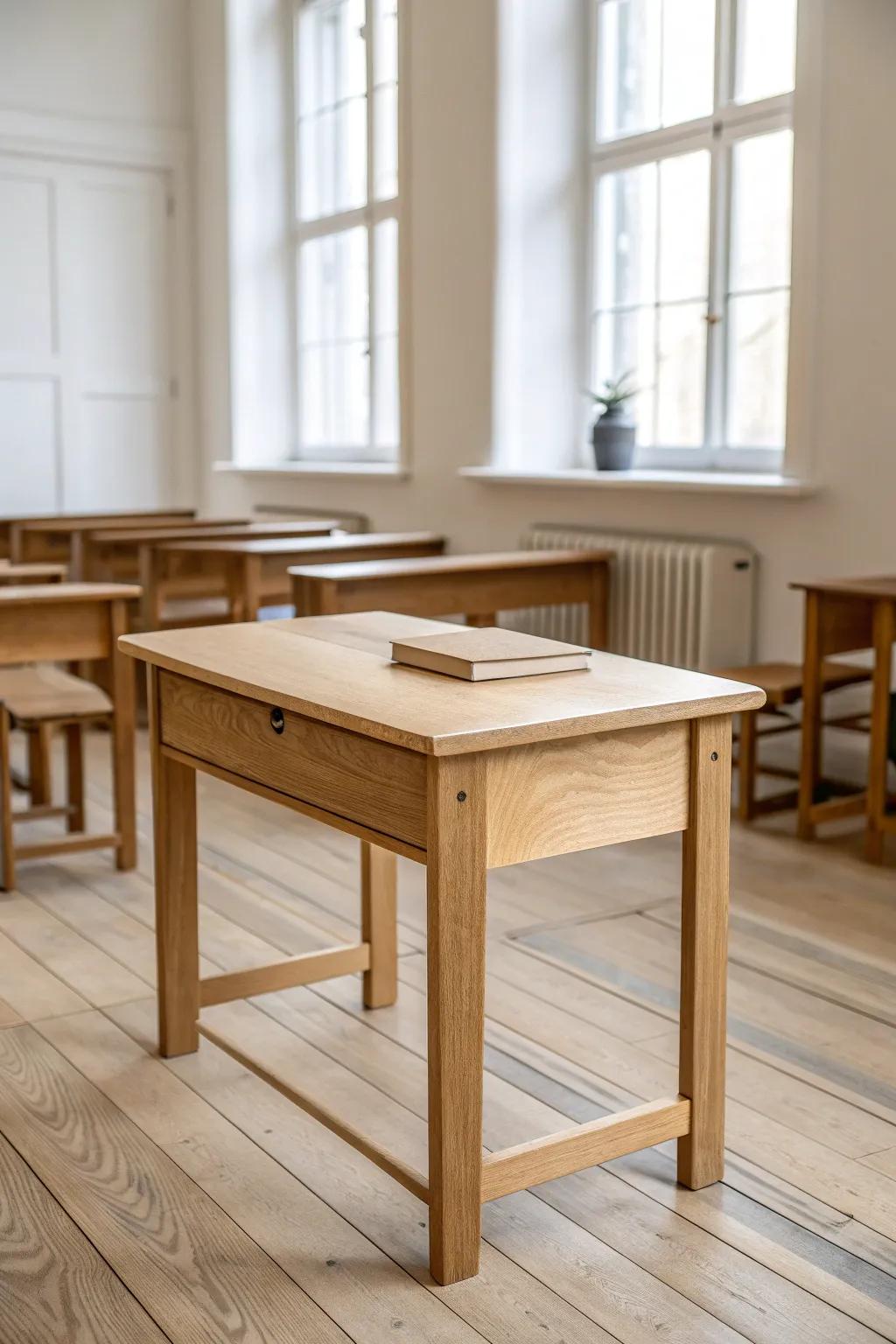 Classic table rows with wide aisles—calm, crafted classroom flow and clear sightlines.