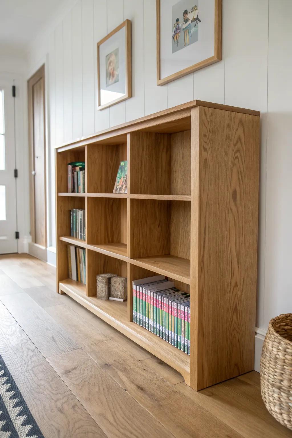 Low wall-to-wall plywood + oak bookshelf—kid-height, durable, and beautifully calm Scandinavian style.