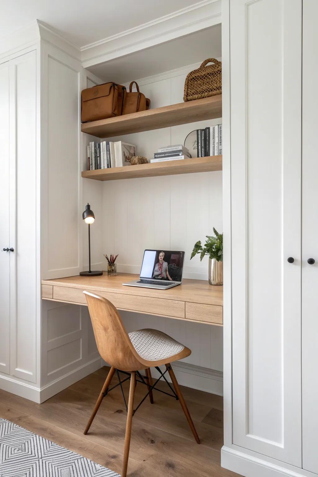 Wall-to-wall floating wood desk: a custom closet workspace with clean Scandinavian calm.