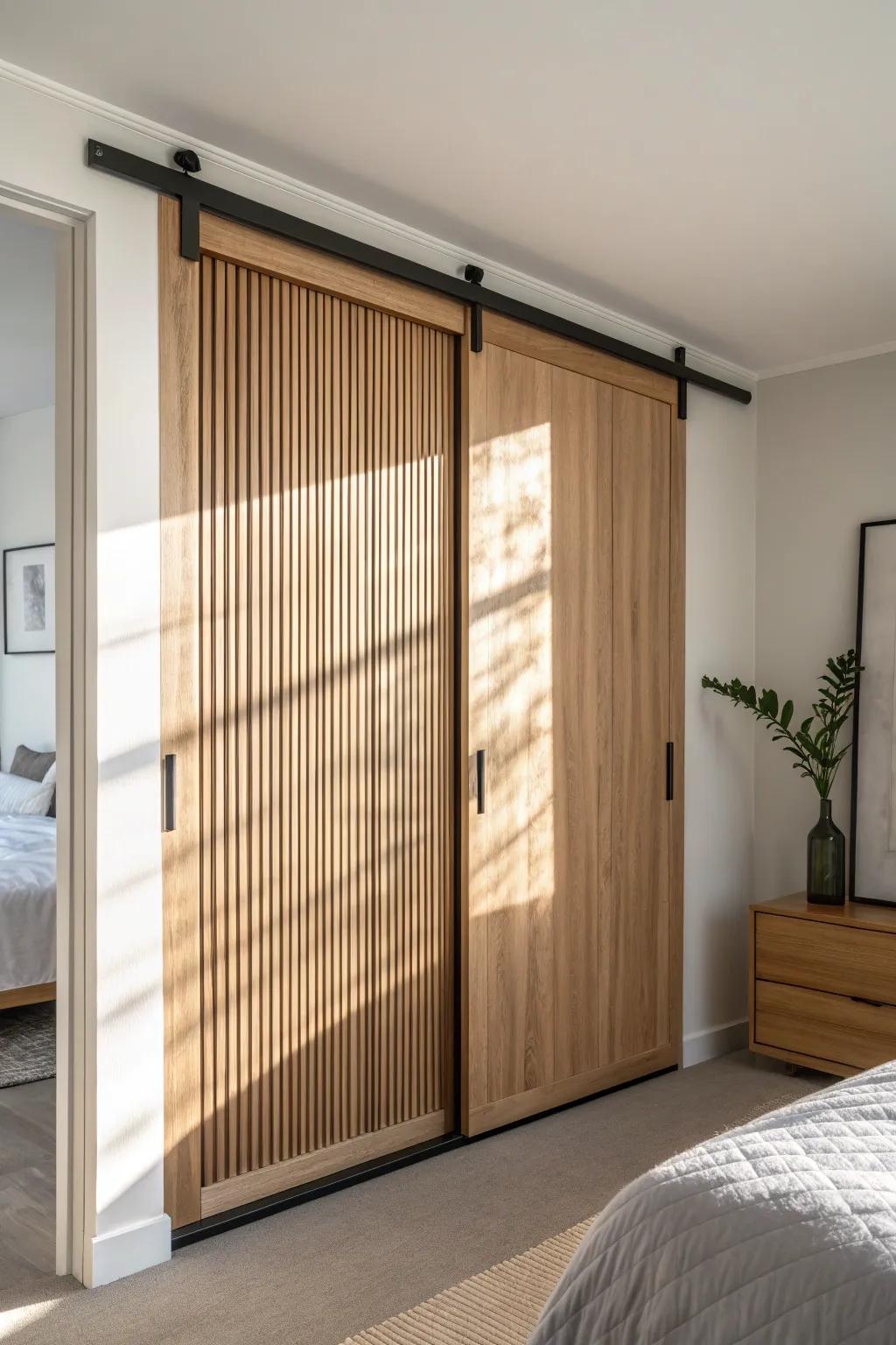 Warm oak bypass sliders—space-saving, swing-free, and perfect for tight bedroom layouts.