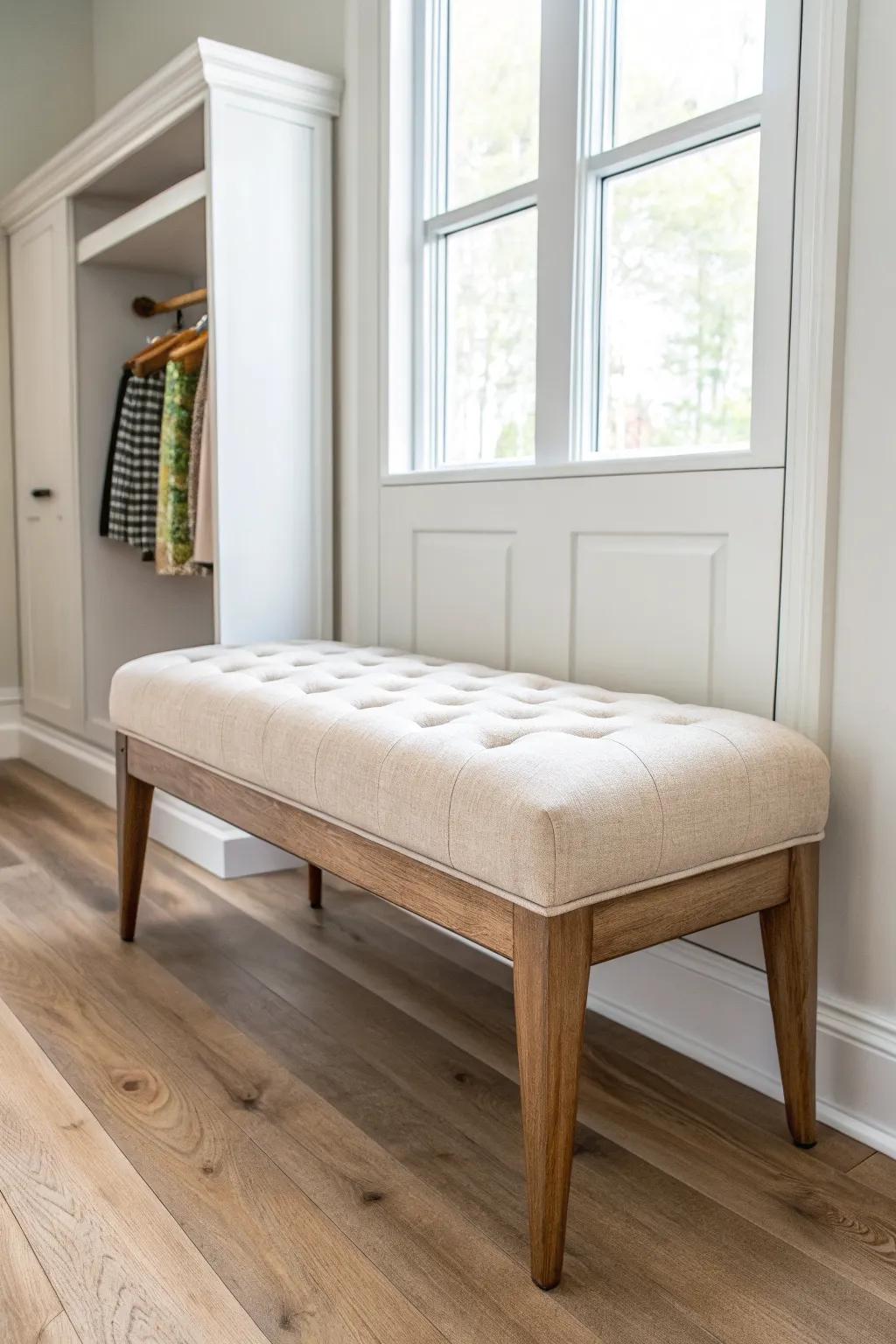 Classic upholstered bench: a cozy, minimalist closet seat with warm oak and soft linen.
