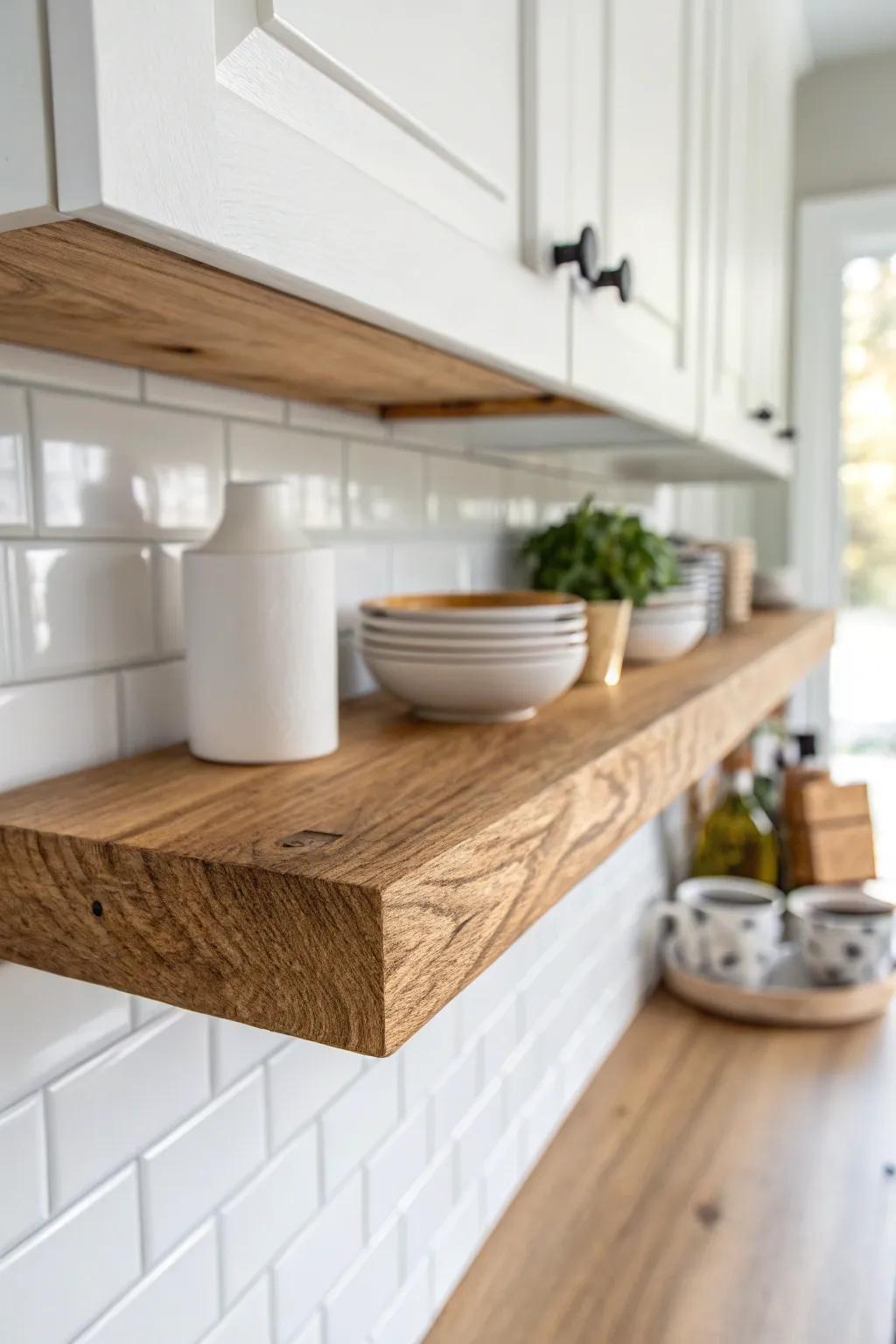 Crisp white cabinetry meets a warm oak shelf—coastal, airy, and beautifully handmade.