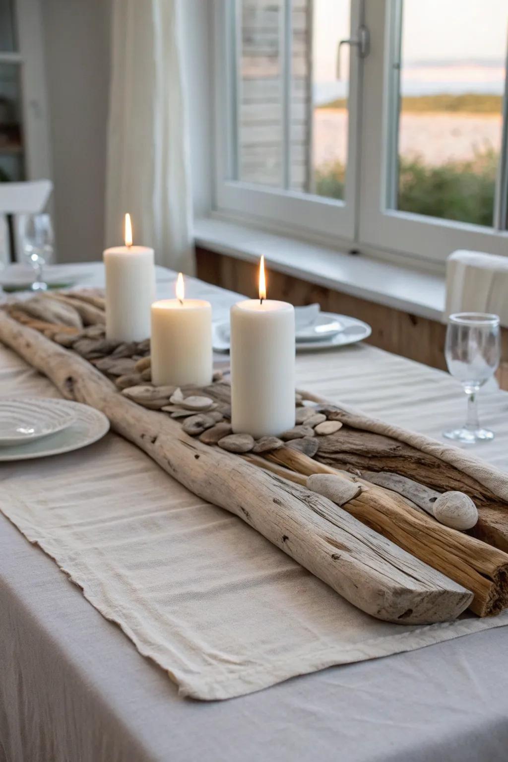 Driftwood runner + simple candles for an effortless coastal table with warm, natural charm.