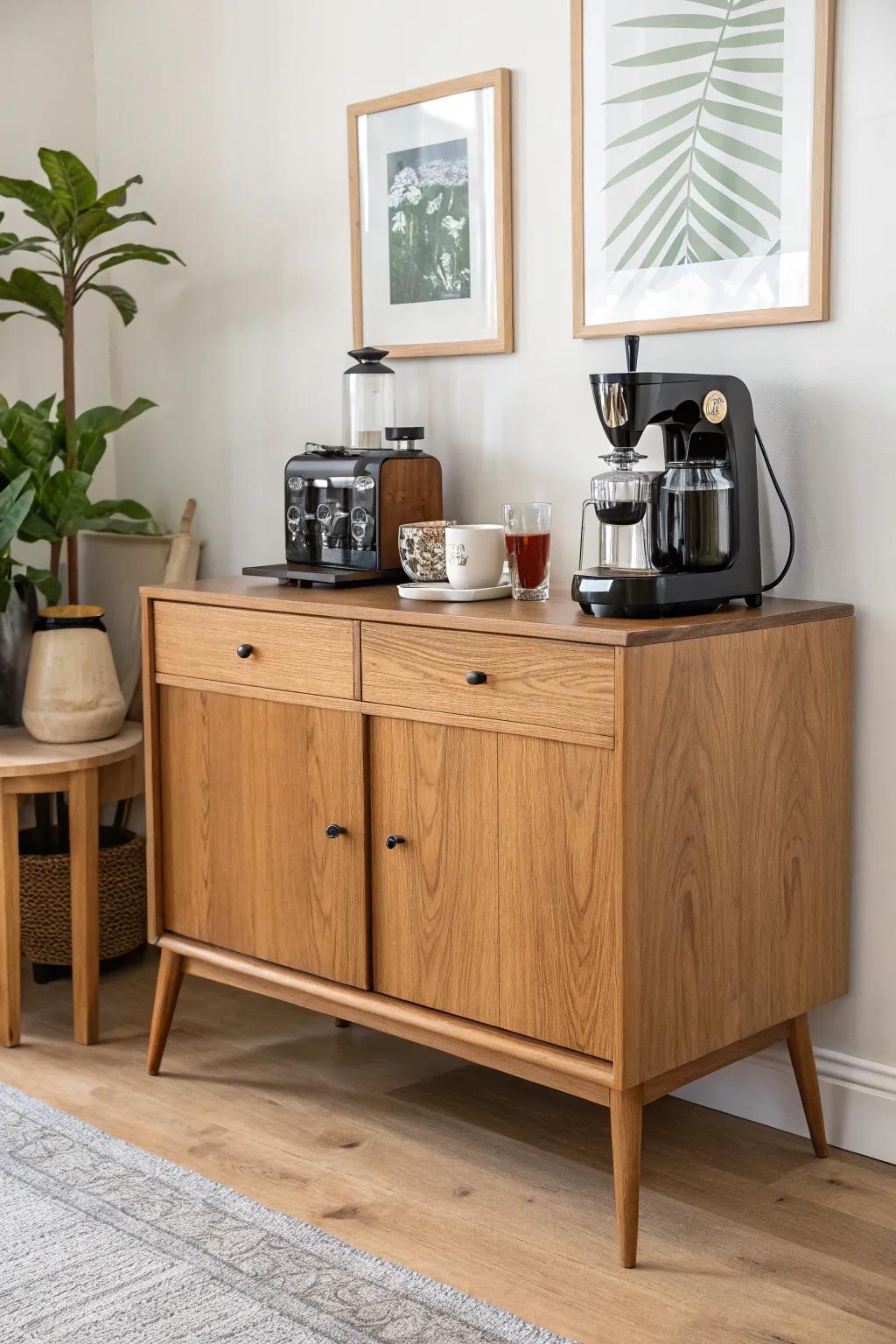 Sideboard turned built-in: wipeable wood top, hidden pods & bar tools—coffee meets cocktails.