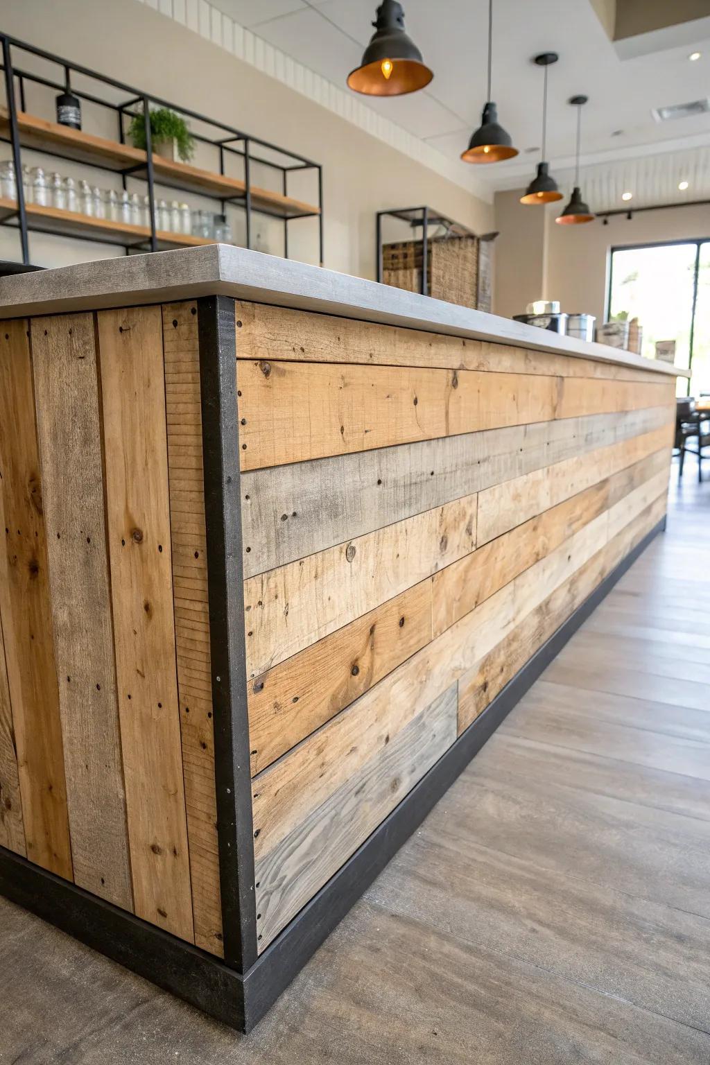 Reclaimed wood bar front—warm, handmade texture with artisan nail holes and saw marks.