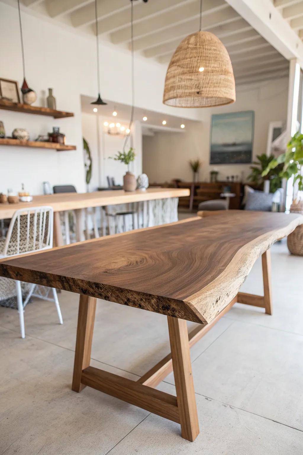 Handcrafted live-edge communal table with a matte finish—made for lingering coffee shop moments.