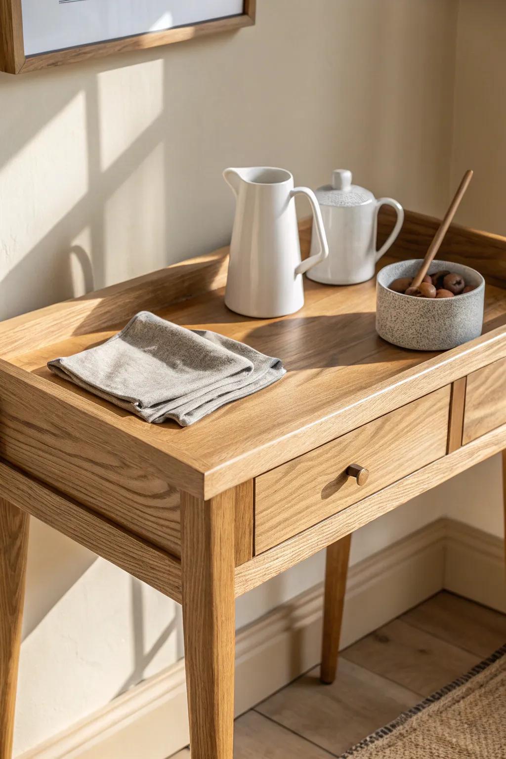 A slim oak console with a single wood tray turns any corner into a calm, classic coffee station.