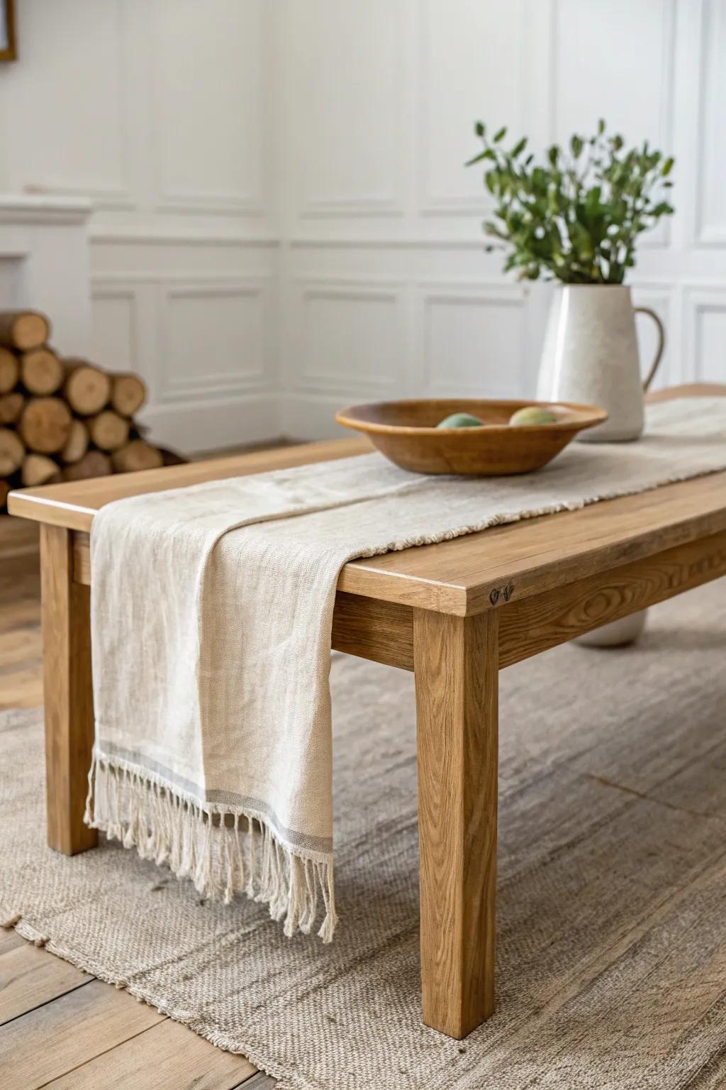 Soft linen runner draped over oak adds instant cozy while letting the wood grain shine.