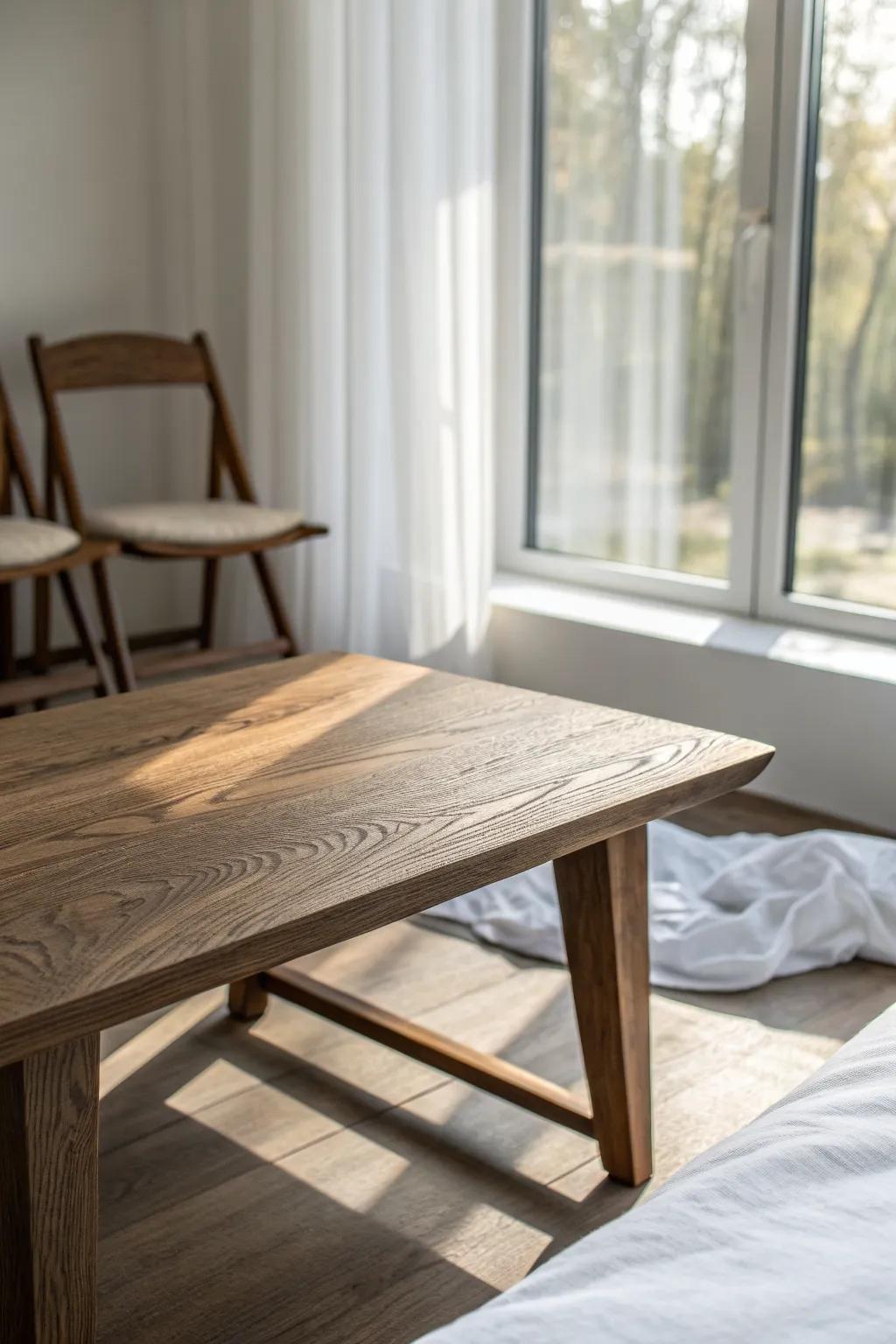 Low handcrafted coffee table by the window—an airy bedroom sitting nook for calm mornings.