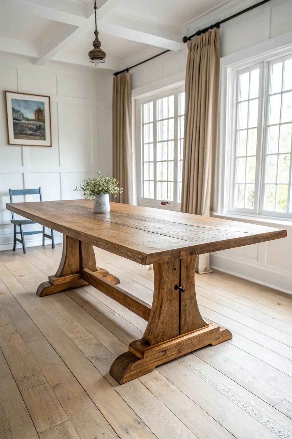 A solid reclaimed-wood trestle table brings warm colonial charm with clean, minimal lines.