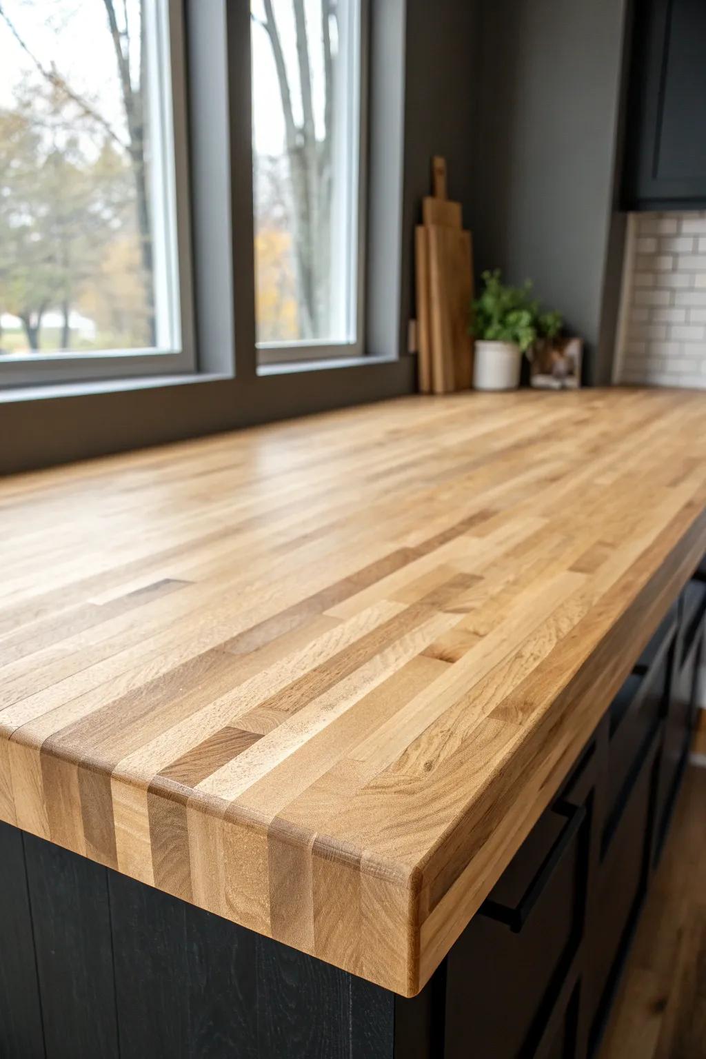 Laminated butcher block bar top: warm hardwood strips, minimalist lines, ready to refinish.