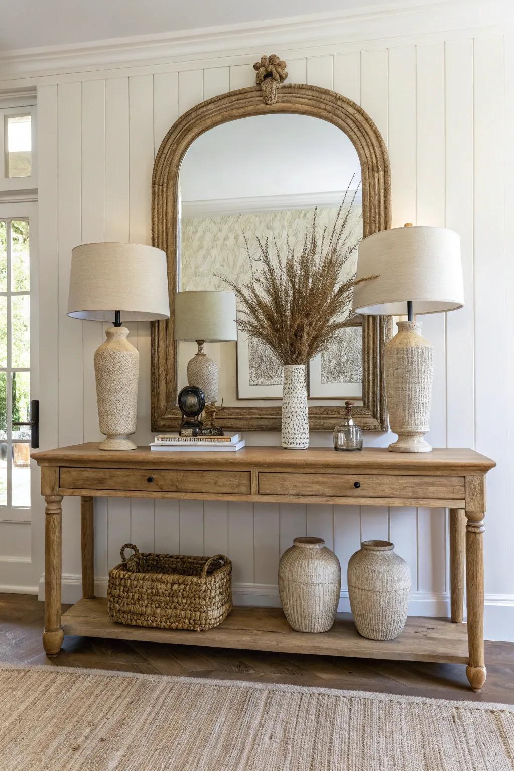 Classic symmetry: a natural oak console styled with twin lamps beneath an arched mirror.