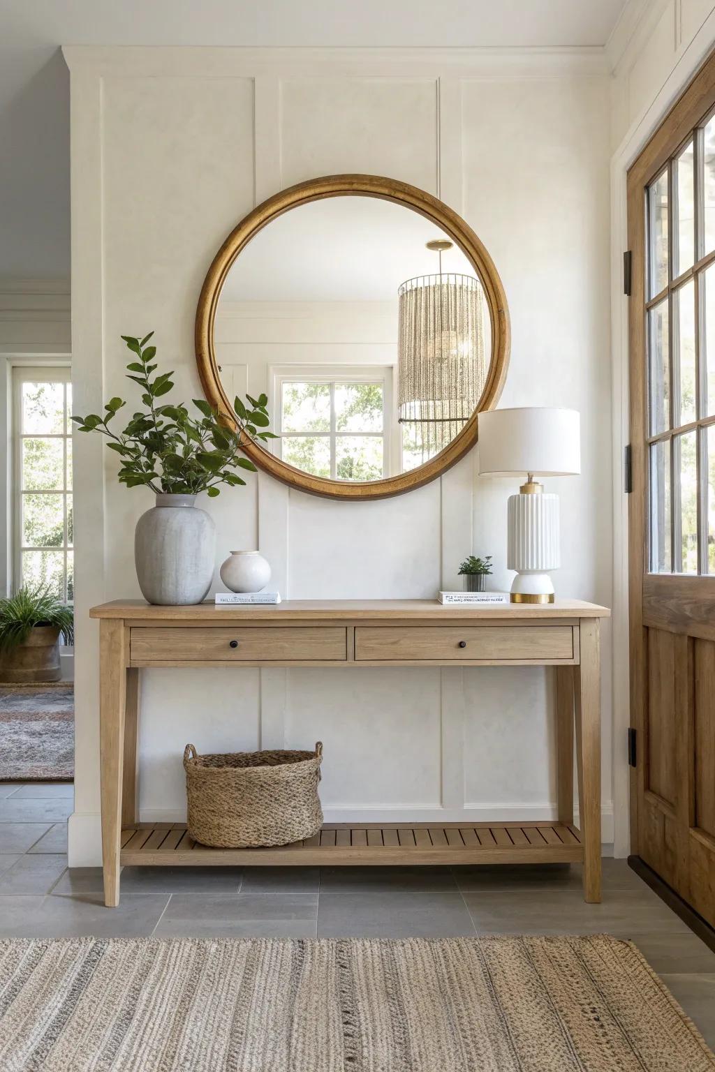 Anchor your console with an oversized round mirror for instant light and a finished look.