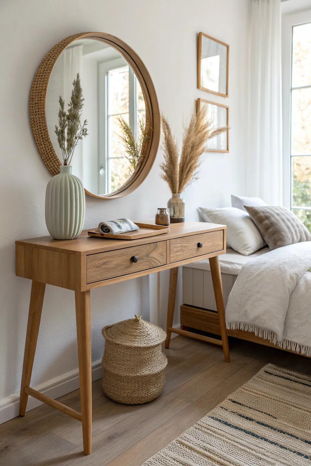 A simple oak console and a bold mirror balance the wall across from the bed beautifully.