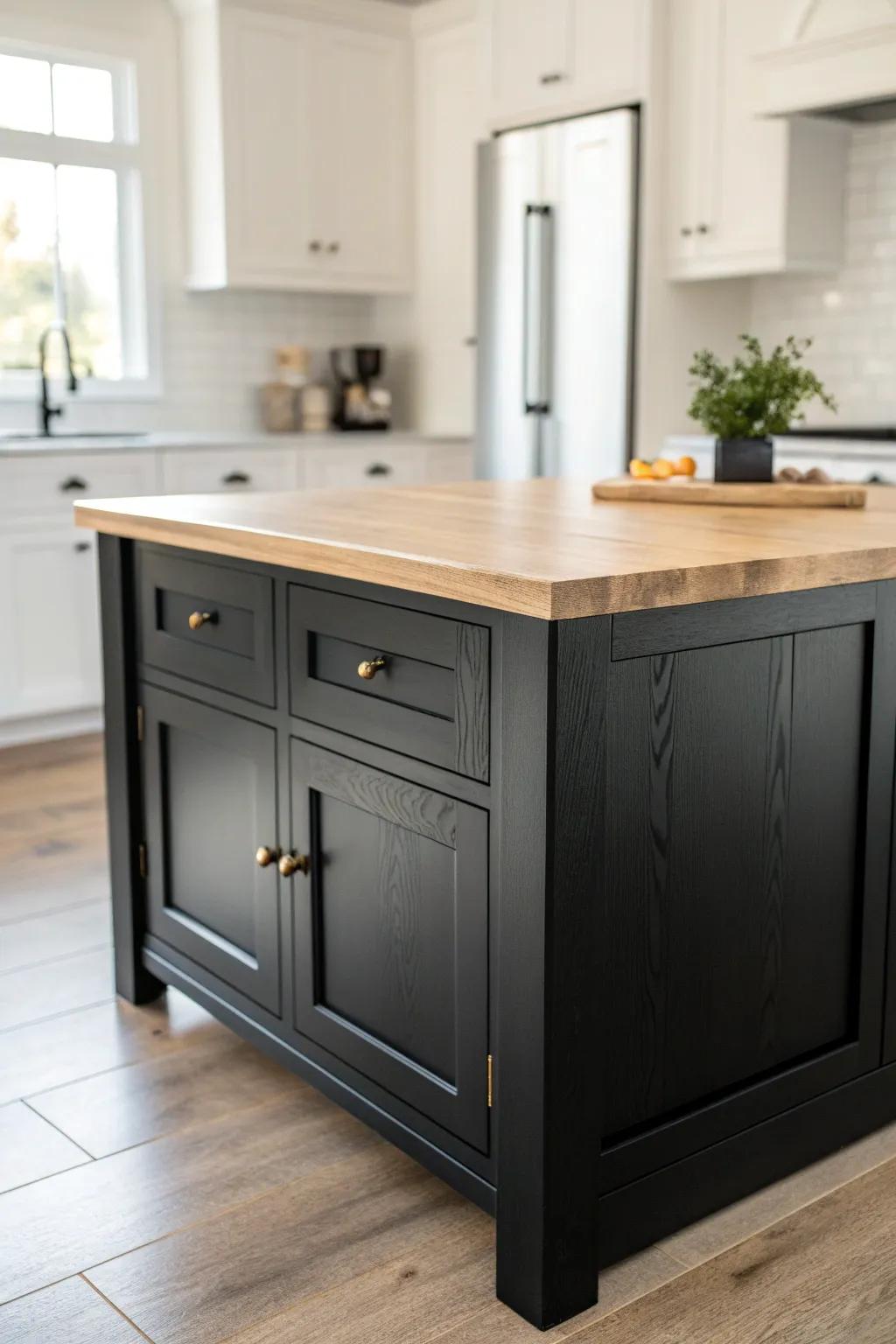 Matte black island, white perimeter—bold contrast with clean shaker lines and warm wood top.