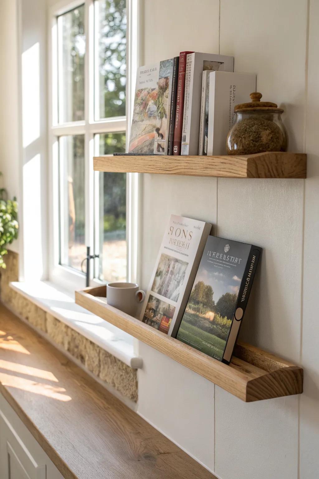 Cover-forward cookbooks on a handcrafted oak picture ledge—practical, pretty, and easy to grab.