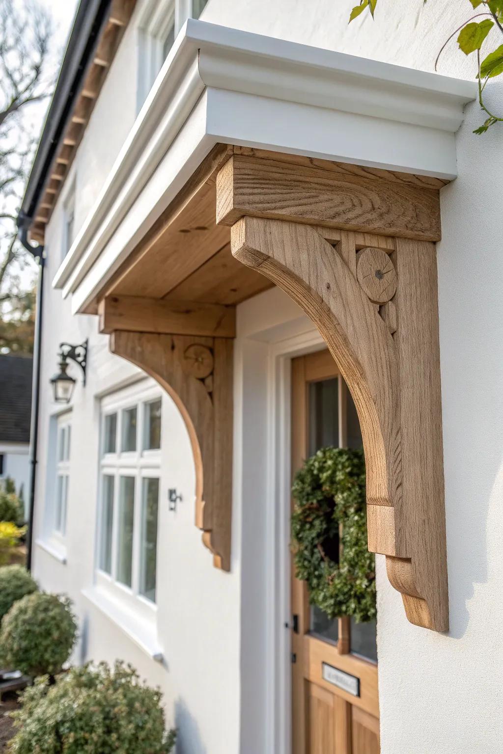 Chunky oak corbel under a front-door portico—simple, supportive-looking, and timeless.