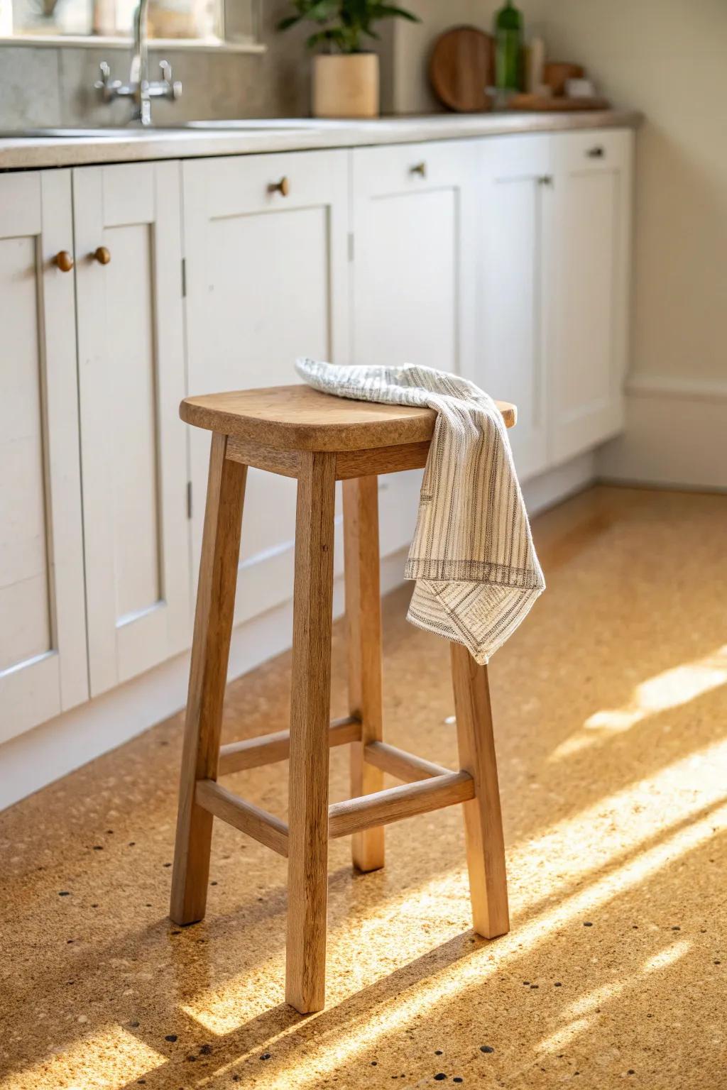 Sunlit white kitchen + golden cork floors—simple, cozy, and quietly luxurious for an airy feel.