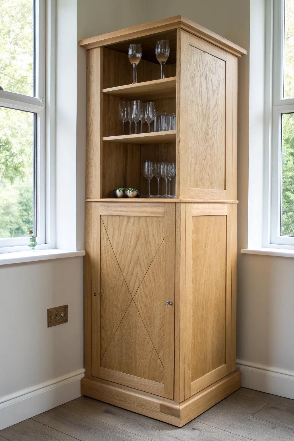 Tall triangular corner bar cabinet in light oak—stemware up top, sleek closed storage below.