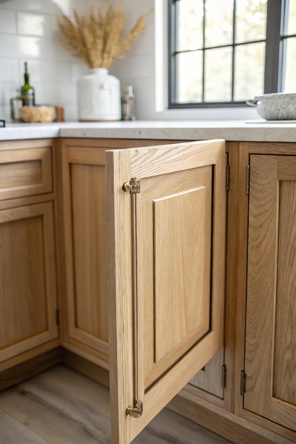 Shaker bi-fold pie-cut doors that swing wide—clean lines, warm oak grain, easy corner access.