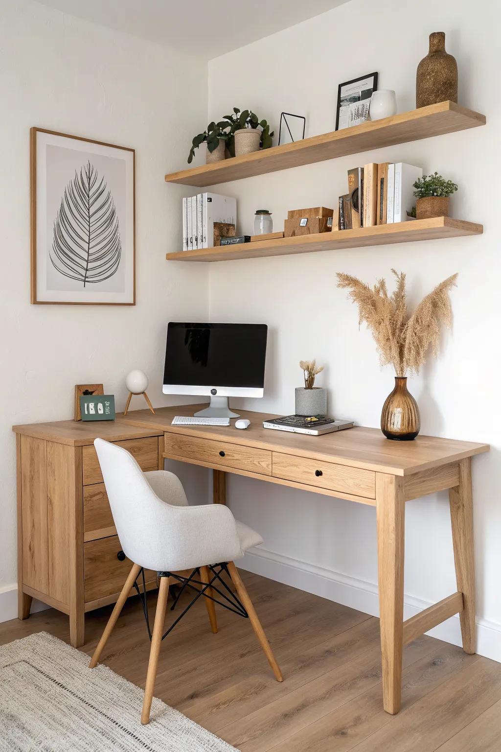 A timeless L-shaped corner desk with two chunky floating shelves—clean, warm, and practical.