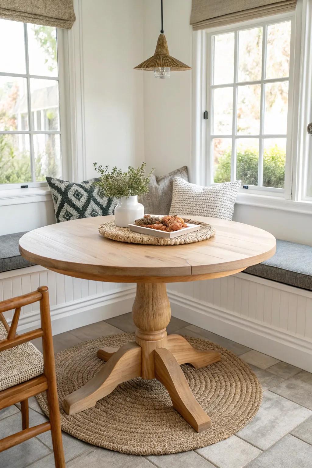 Classic corner banquette meets a round pedestal table—easy sliding seating for small kitchens.