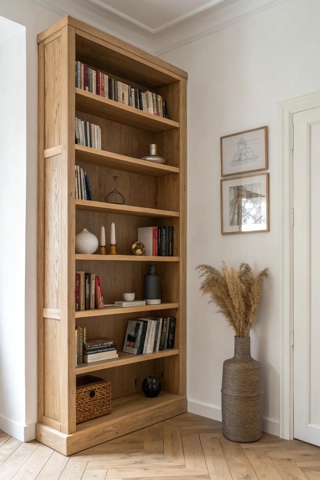 A classic L-shaped built-in turns a quiet corner into a calm, curated library moment.