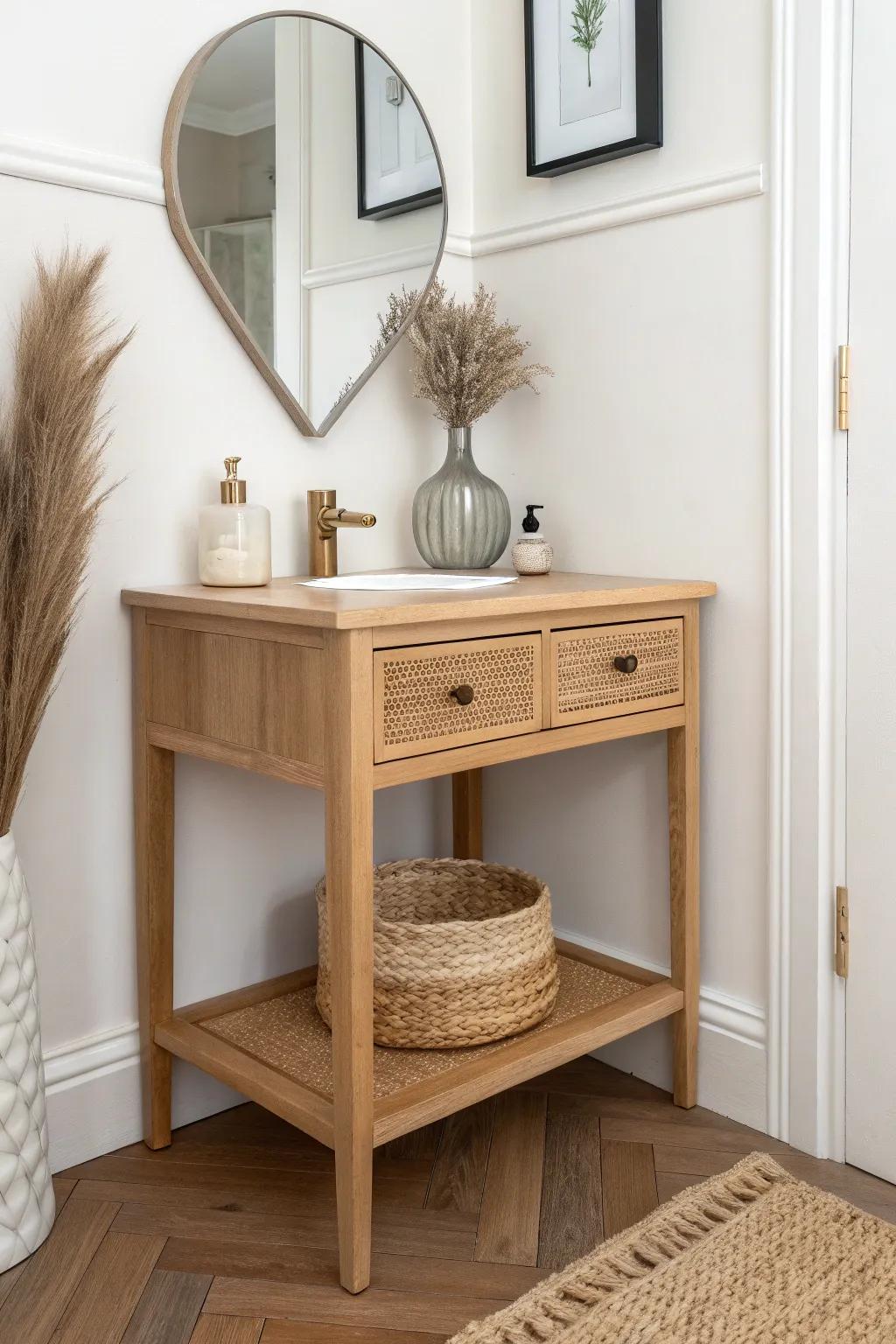 A compact triangular oak corner vanity with one deep drawer—minimal, warm, and beautifully practical.