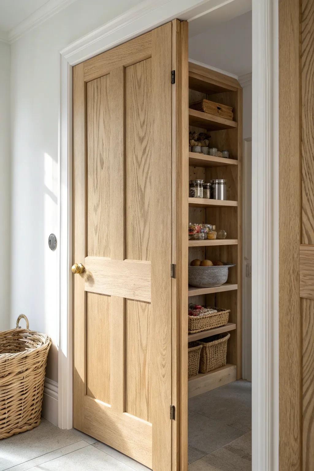 A tiny walk-in corner pantry nook with solid wood shelves—simple door, big storage upgrade.